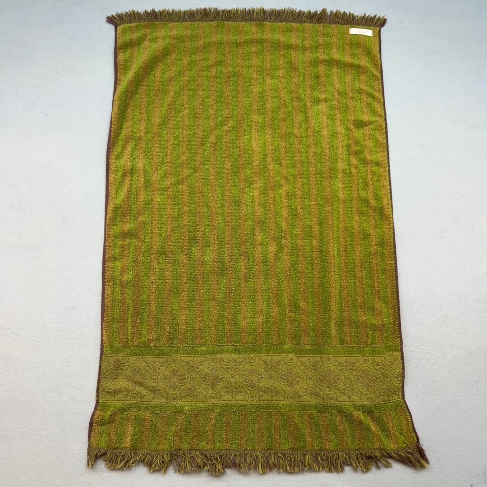 Vintage Callaway Label of Luxury Cotton Bath Towel Green Brown Striped Fringe